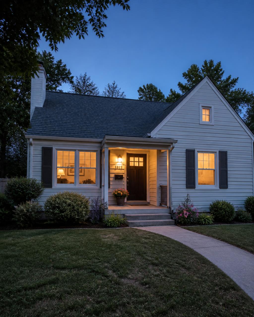 A modest single-family home at dusk with the porch light on